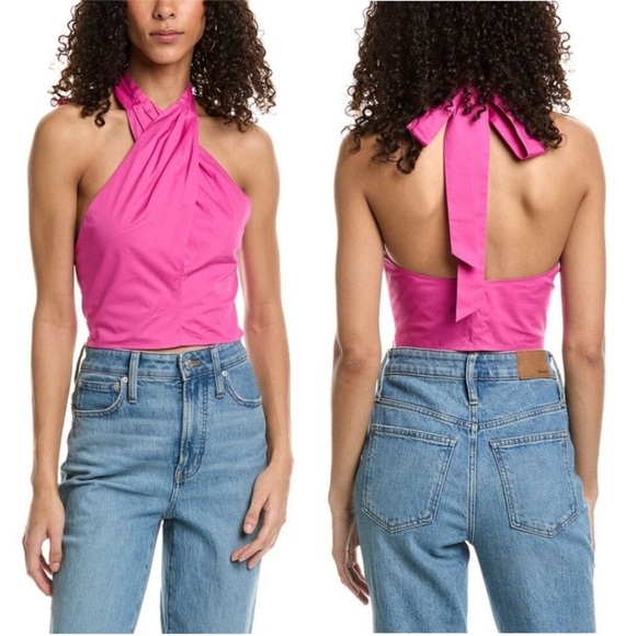 STAUD 70s Cotton Twist Front Open Back Halter Tie Neck Sleeveless Crop Top 0 - Picture 8 of 10